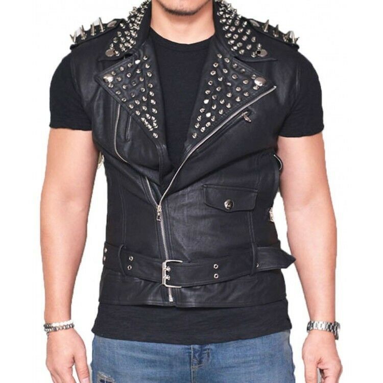 Men's Black Biker Real Leather Silver Spike Punk Vest - AMSEL LEATHERS