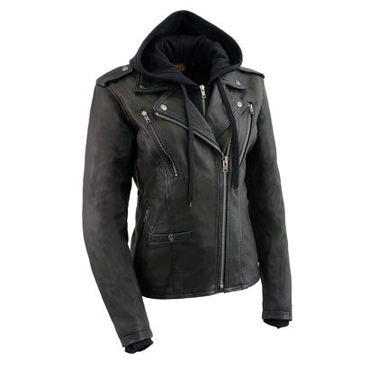women’s black cowhide leather biker jacket front view