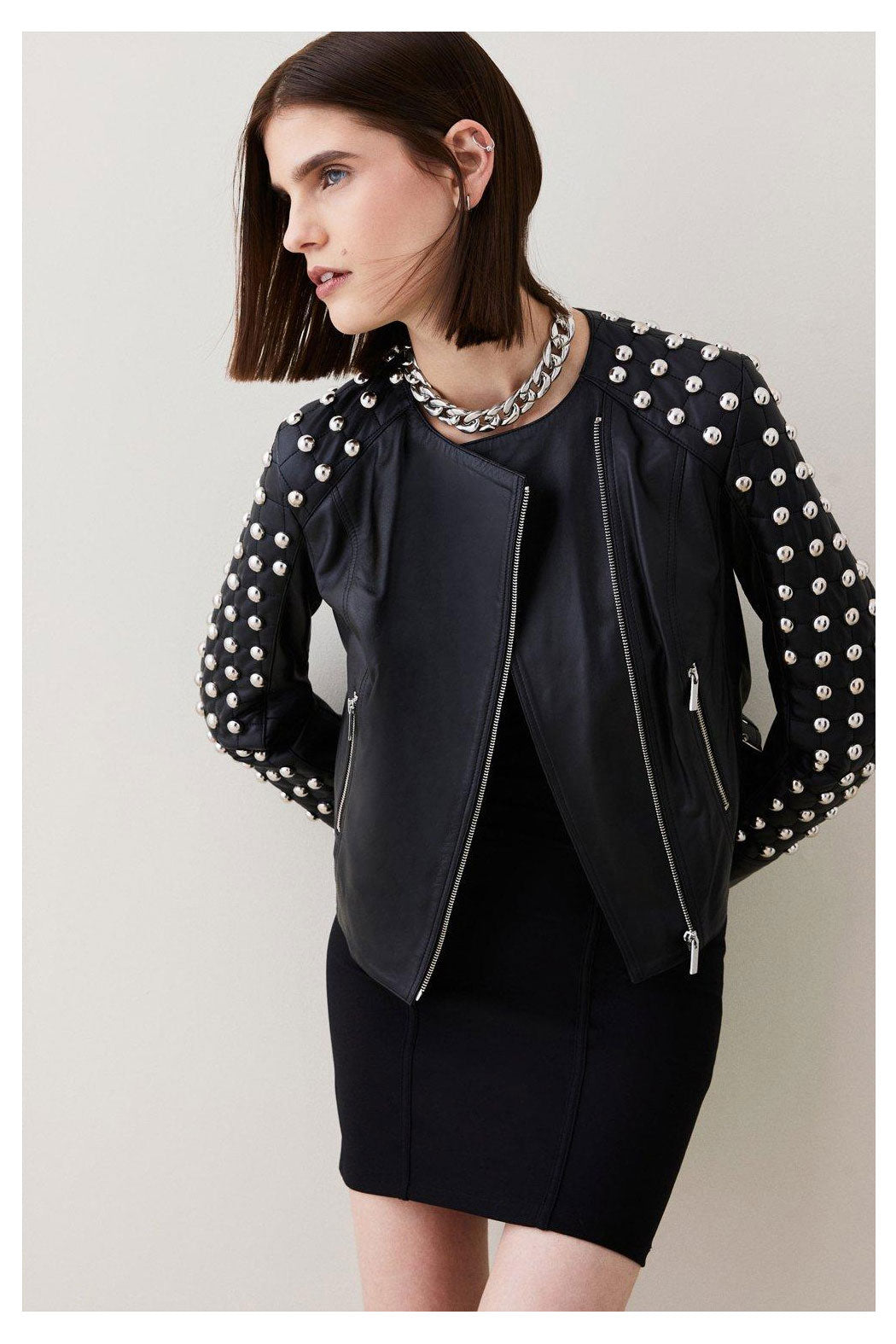 • black studded leather jacket womens front view
