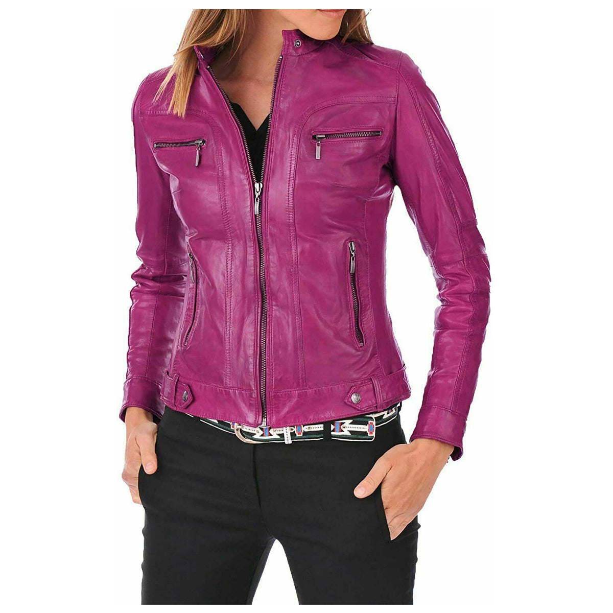 Women Fashion Lambskin Leather Motorcycle Jacket - AMSEL LEATHERS