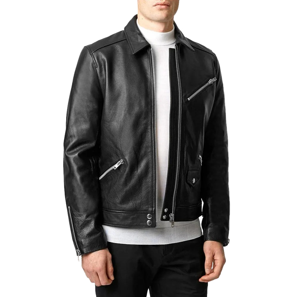 • black motorcycle leather jacket mens chest pocket front view
