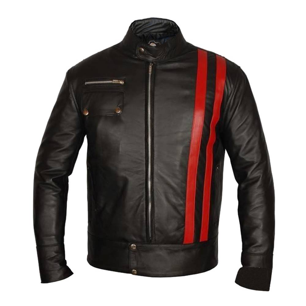 Red Strip Biker Leather Jacket - AMSEL LEATHERS