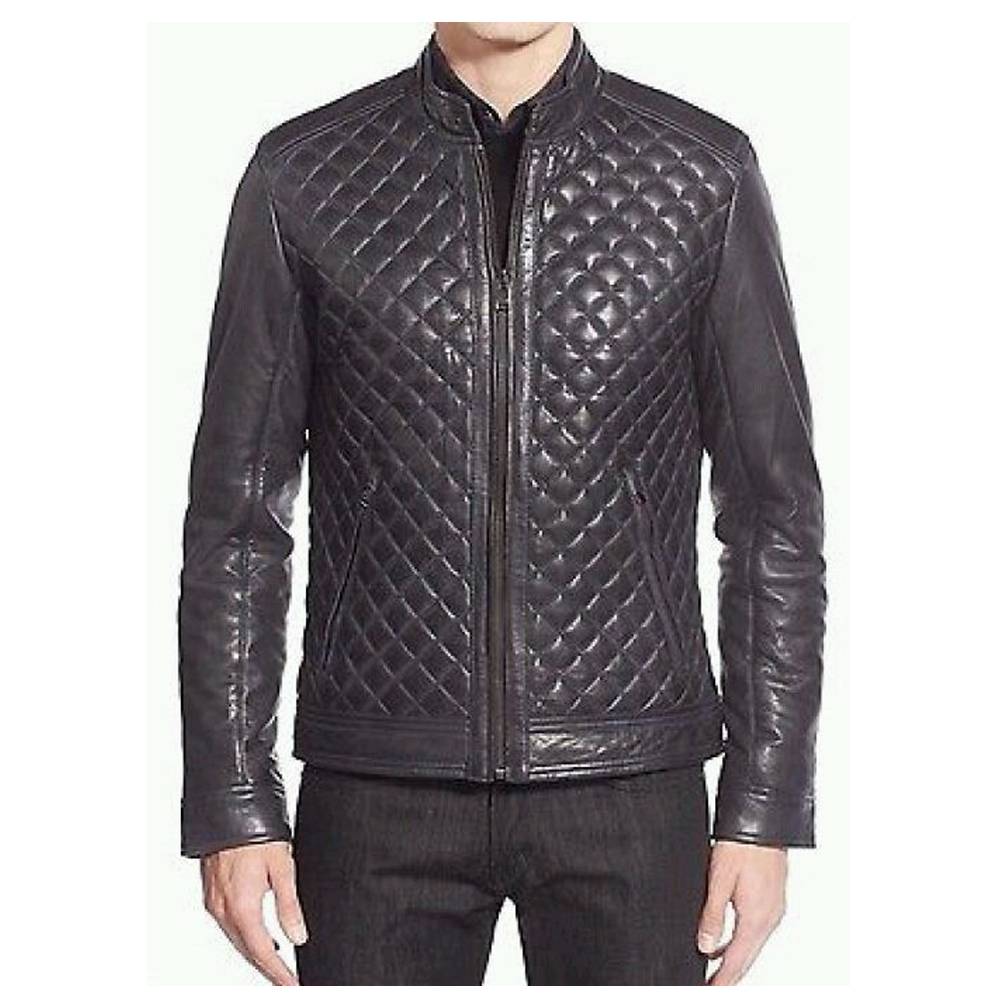 Men Cafe Racer Diamond Bomber Leather Jacket - AMSEL LEATHERS