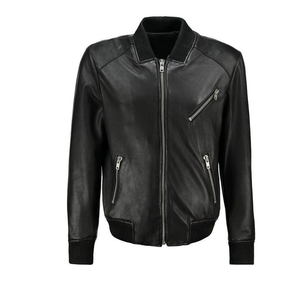 Men Black Bomber Leather Jacket - AMSEL LEATHERS