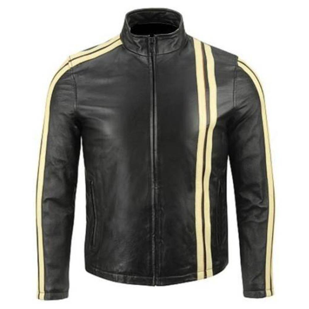 Men Classic Motorcycle Leather Jacket Yellow Stripes - AMSEL LEATHERS