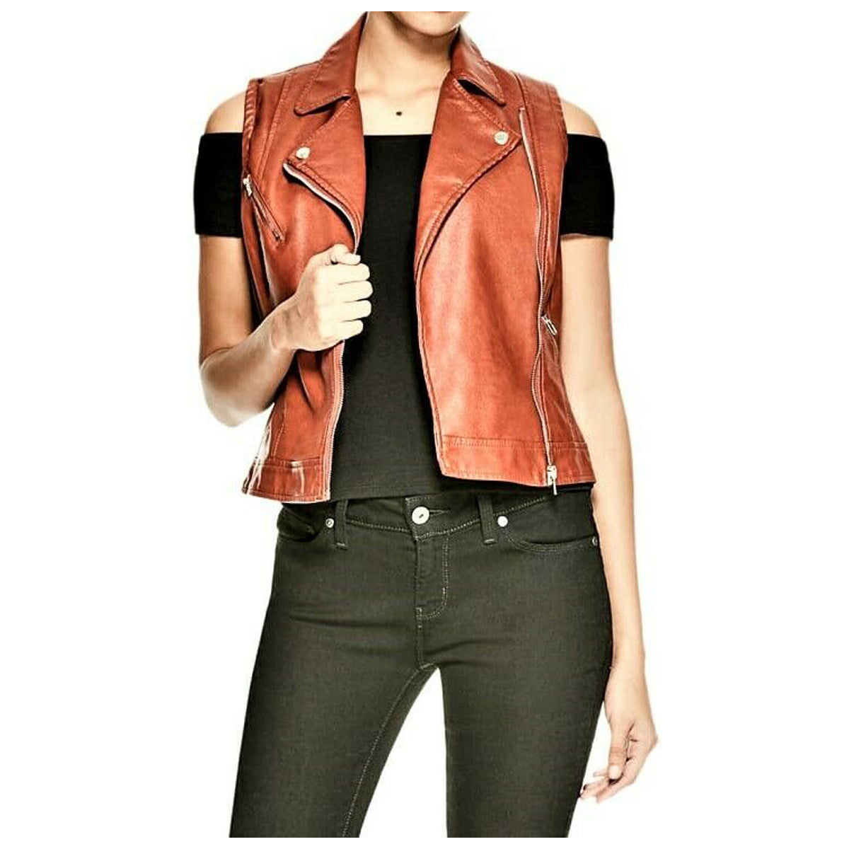 Rust Brown Women Genuine Leather Motorcycle Vest - AMSEL LEATHERS