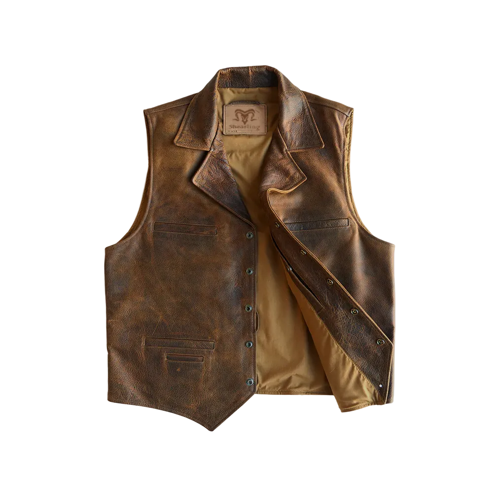 men's brown sheepskin leather vest henrik front view