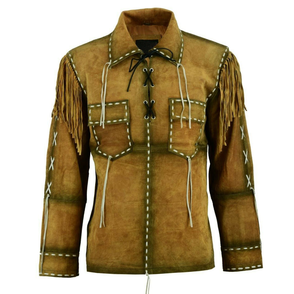 Men Cowboy Fringe Brown Suede Leather Shirt - AMSEL LEATHERS