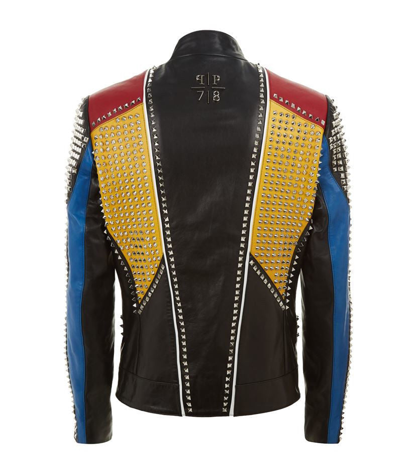 Men Handmade Multi color Philipp Full Studded Leather Jacket - AMSEL LEATHERS