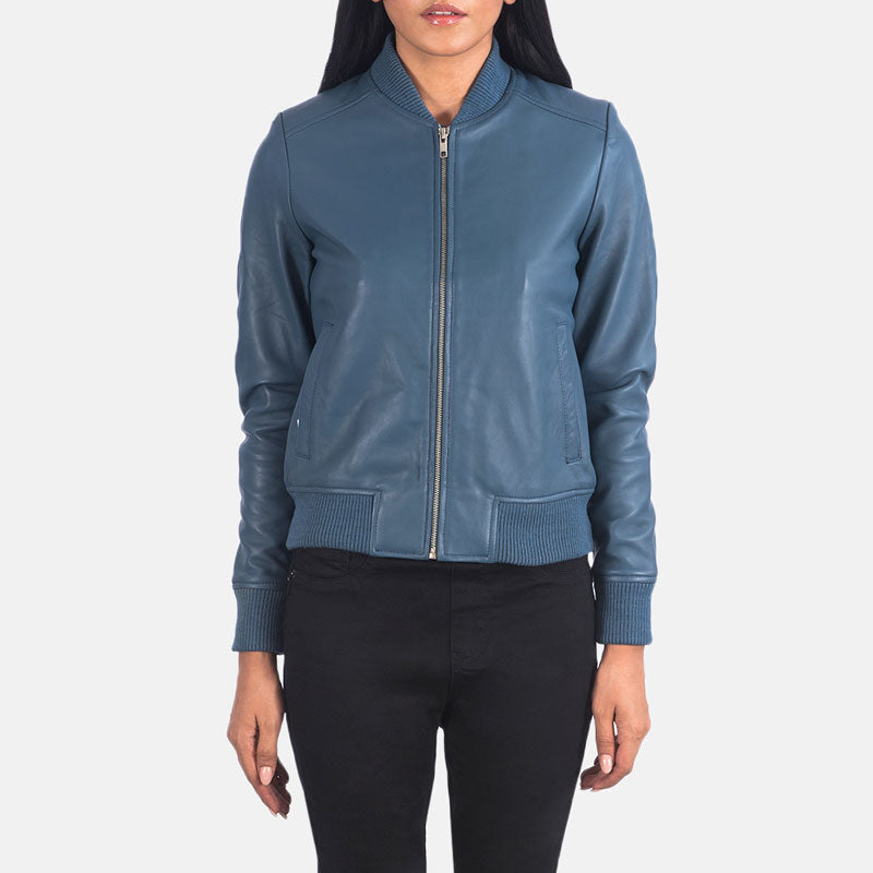 women's blue leather bomber jacket calista front view