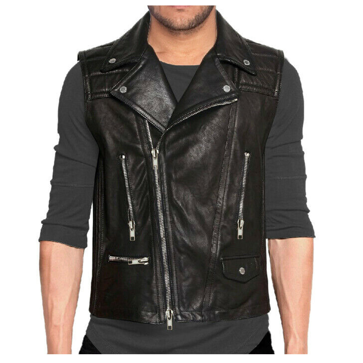 Men Classic Biker Leather Waistcoat - AMSEL LEATHERS