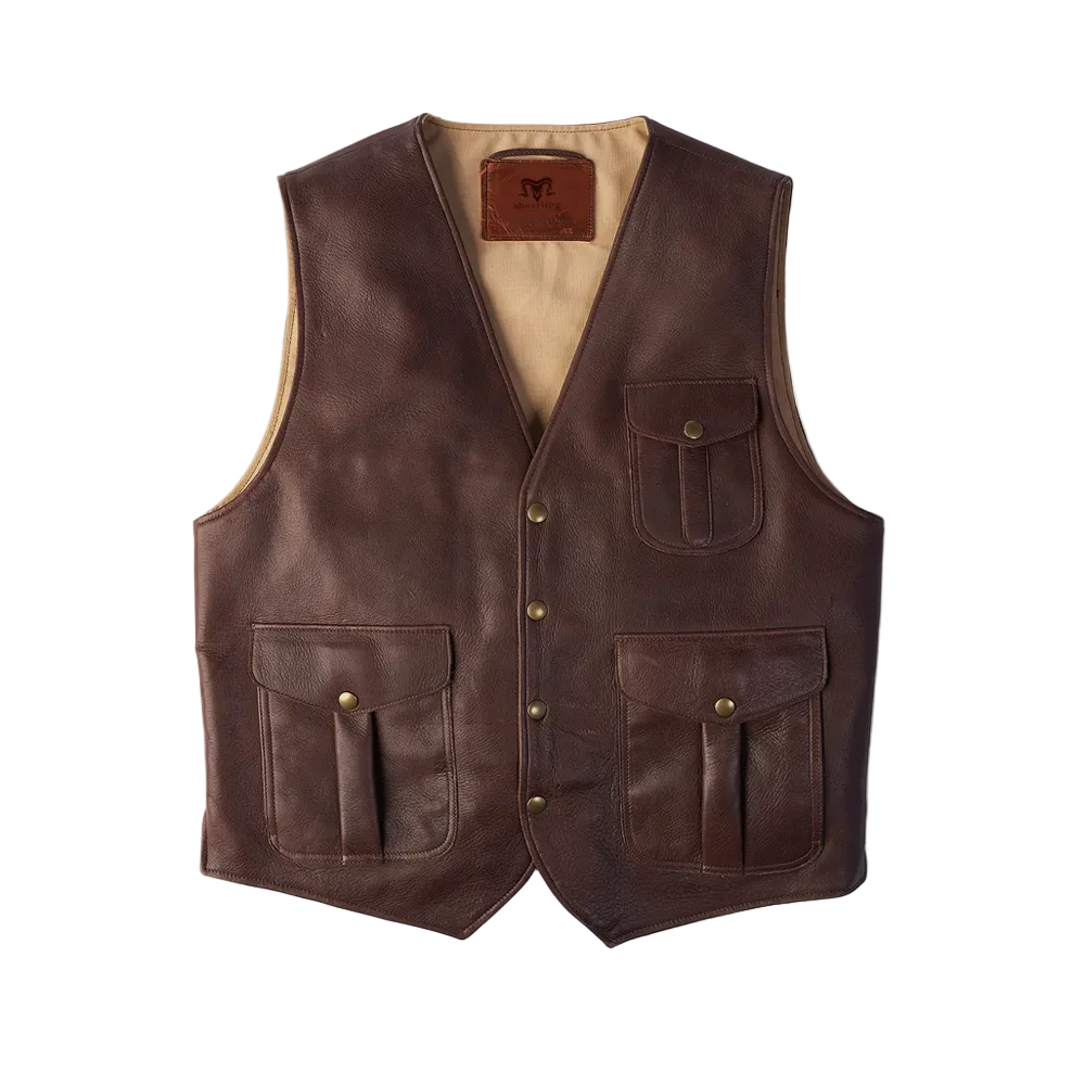 men's brown leather vest lucien front view