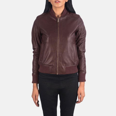 women's maroon leather bomber jacket selene front view