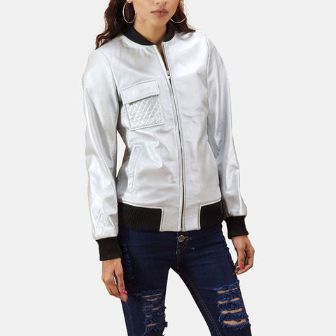 women's silver leather bomber jacket margot front view