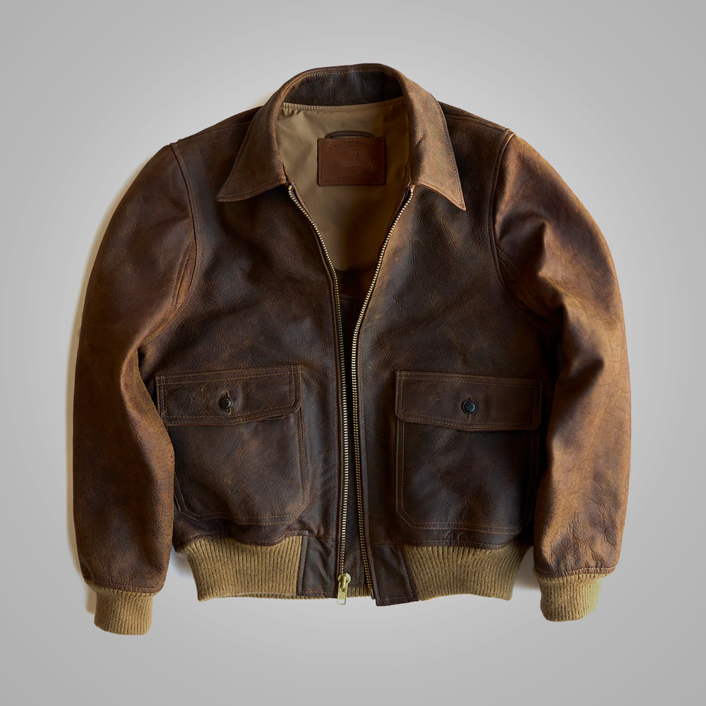 • brown raf aviator leather jacket mens front view
