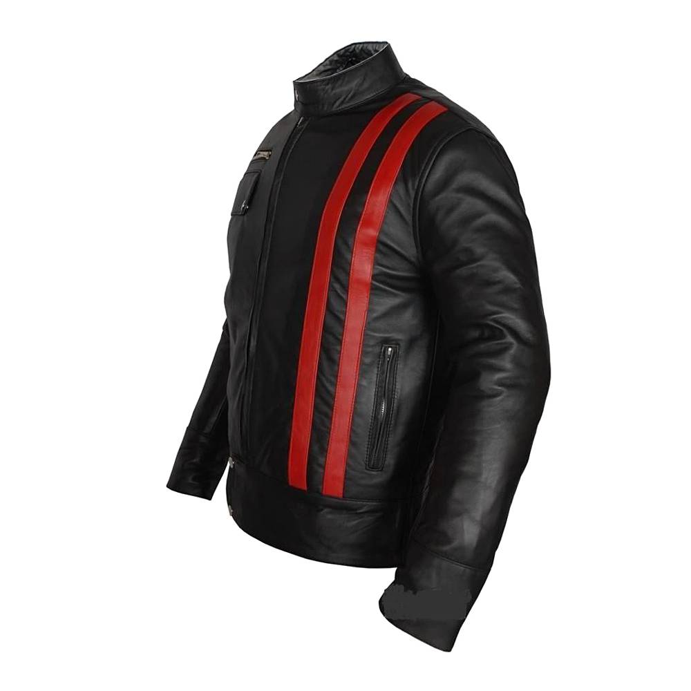 Red Strip Biker Leather Jacket - AMSEL LEATHERS