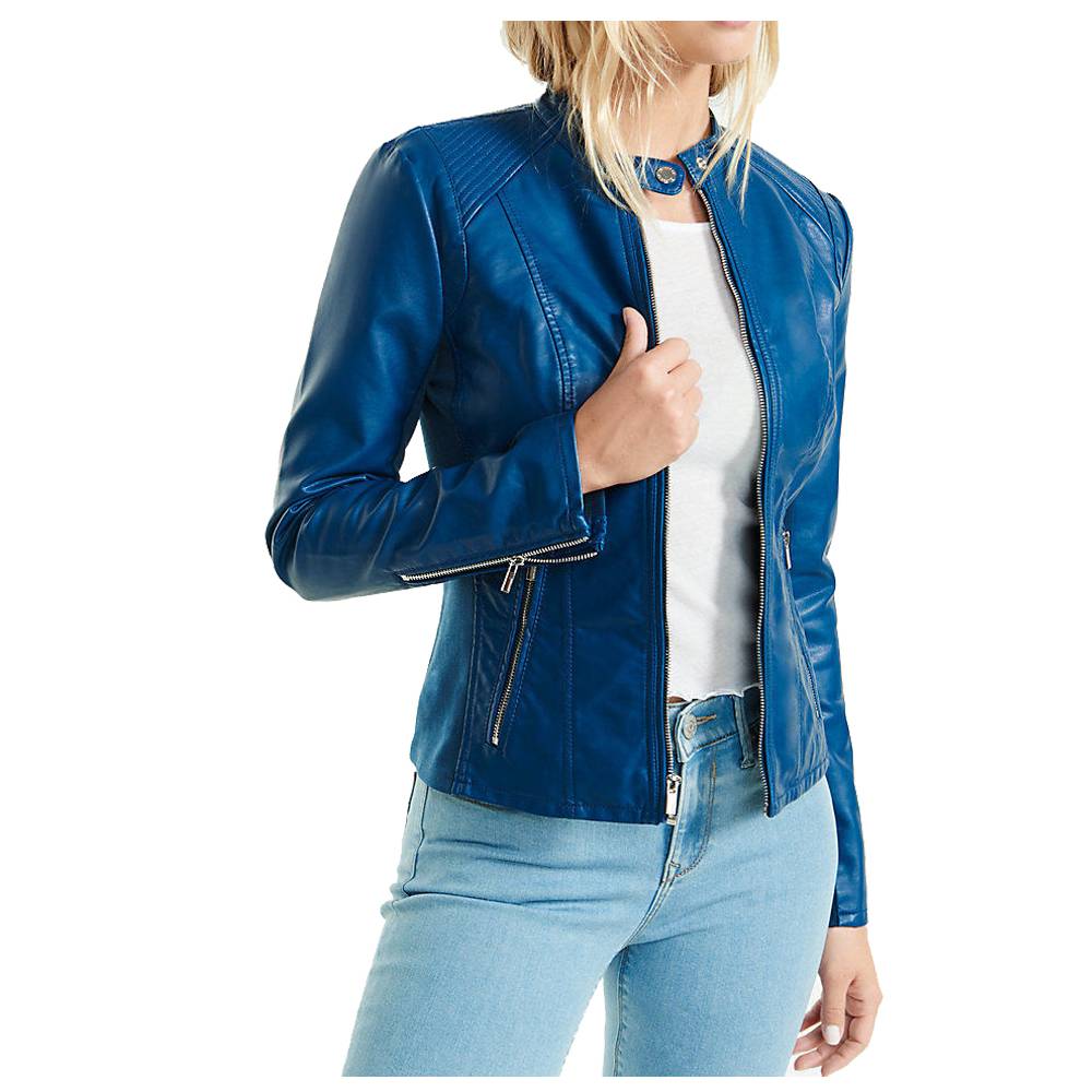 Women Blue Soft Lambskin Motorcycle Racer Leather Jacket - AMSEL LEATHERS