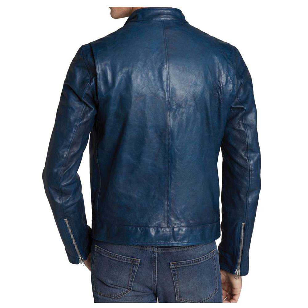 Slim Fit Blue Biker Fashion Leather Jacket Mens - AMSEL LEATHERS