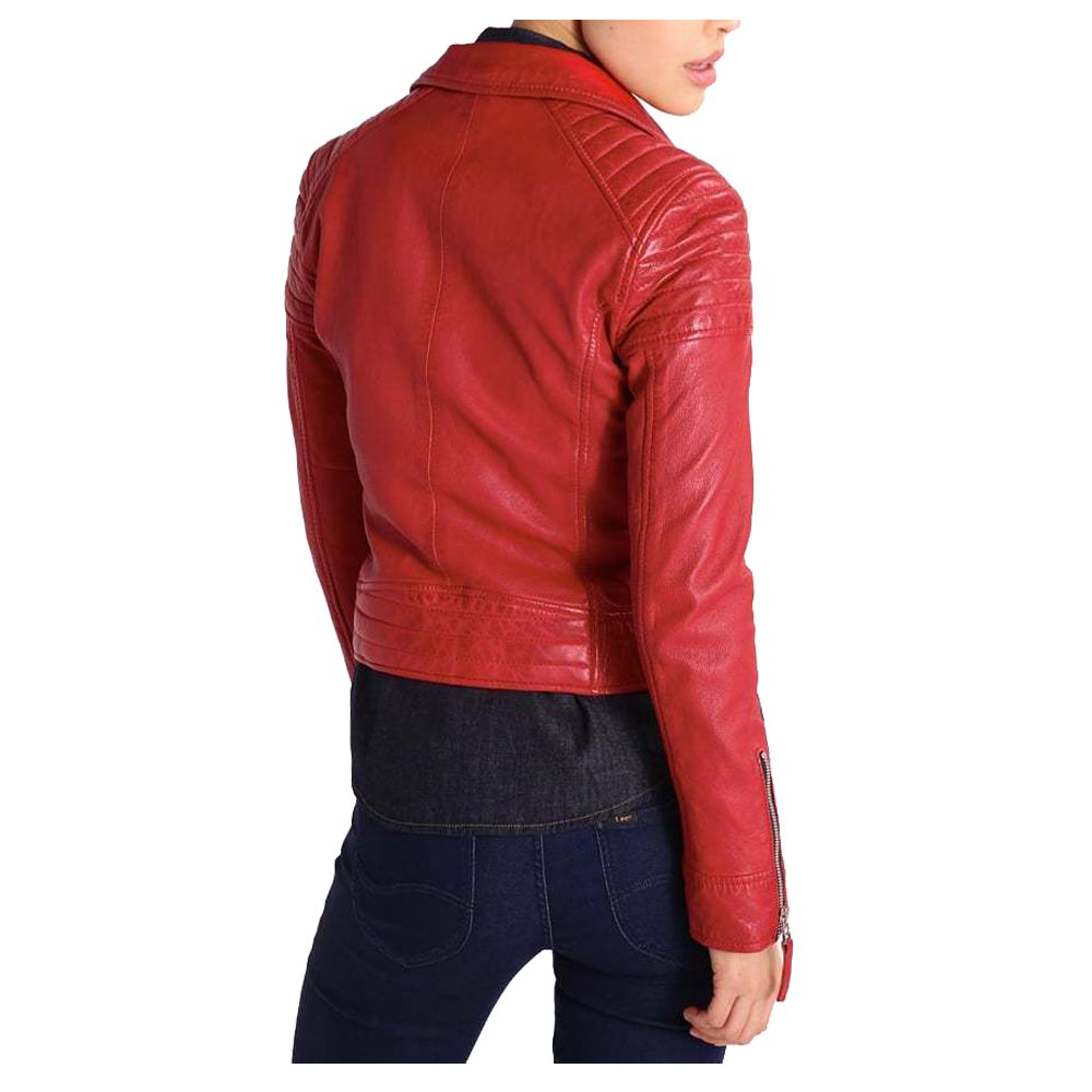 Women Slim Fit Motorcycle Genuine Red Leather Jacket - AMSEL LEATHERS