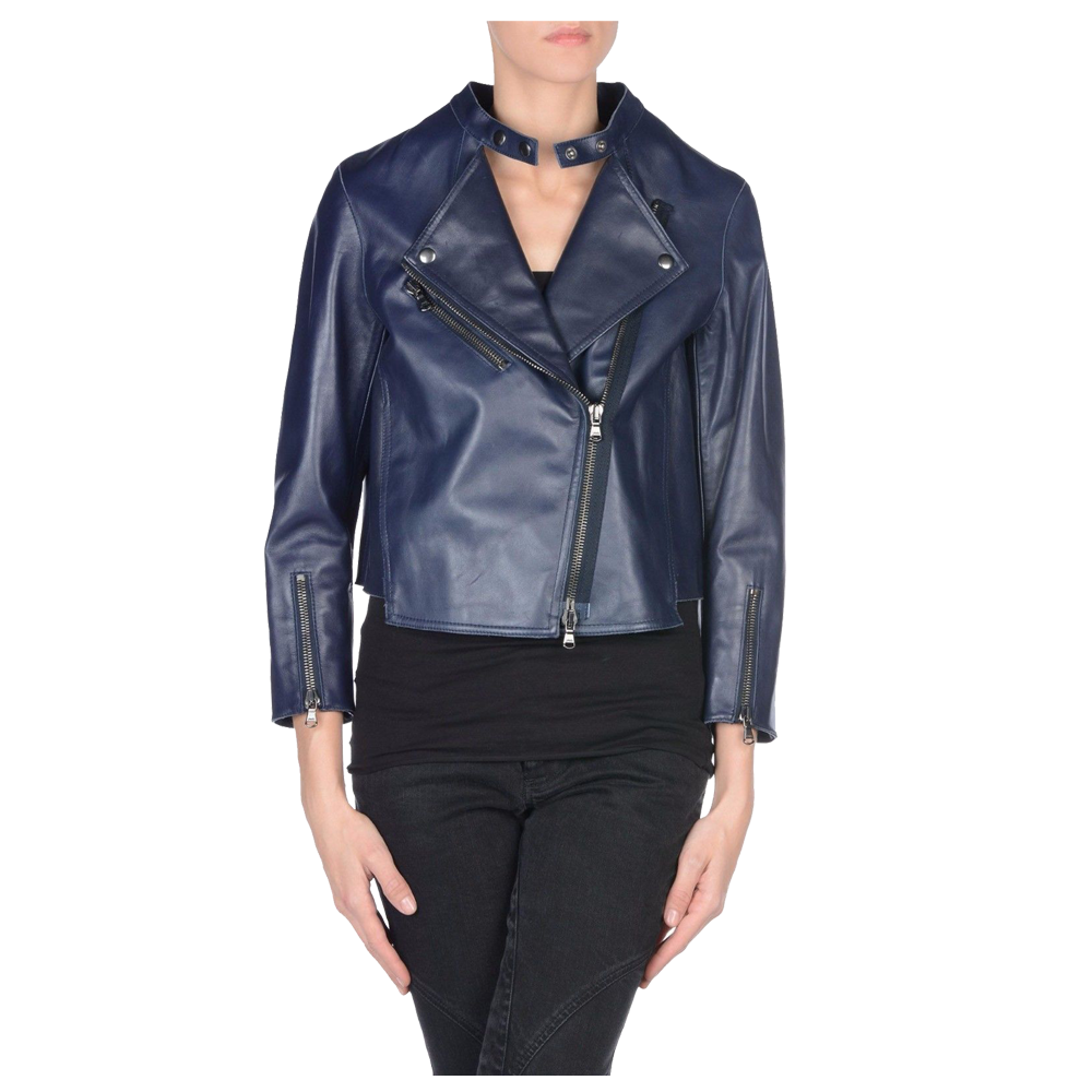 Navy Blue Women Biker Leather Jacket - AMSEL LEATHERS