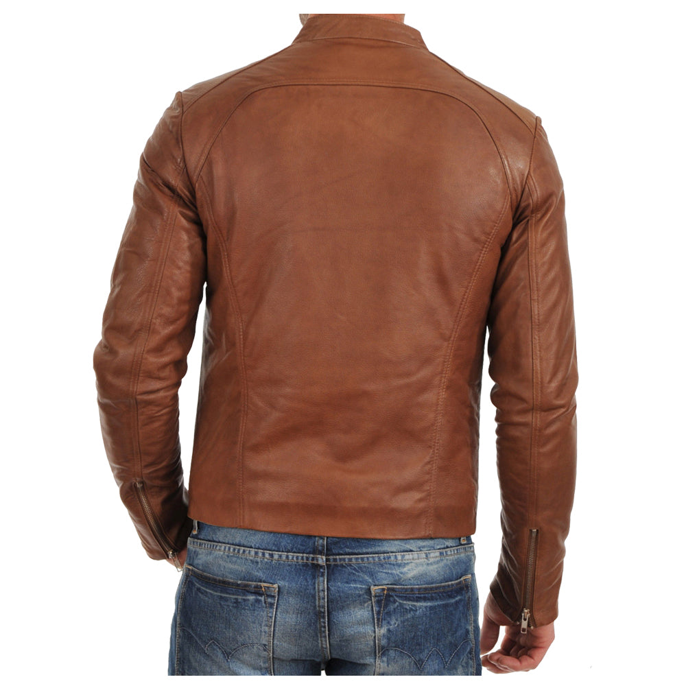 Men Brown Bomber Biker Tan Leather Jacket - AMSEL LEATHERS