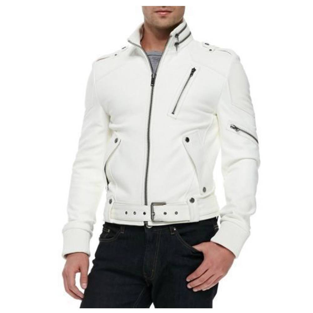 Men's White Leather Racer Moto Biker Jacket – Stylish & Durable - AMSEL LEATHERS