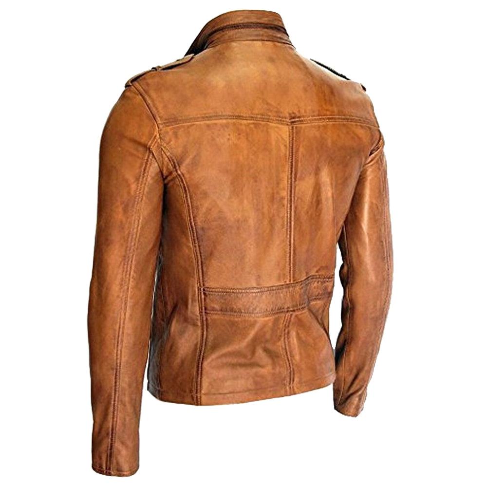 Men Fashion Real Lambskin Tan Leather Waxed Moto Jacket - AMSEL LEATHERS