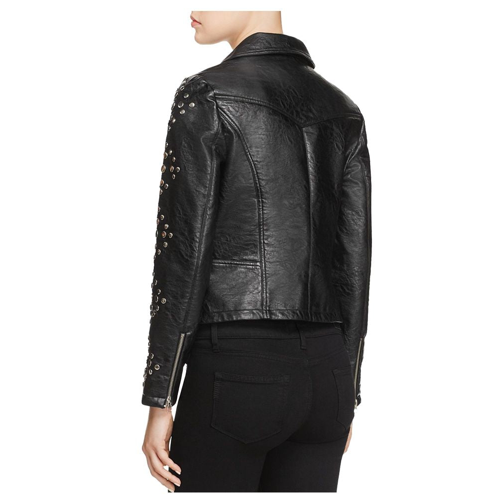 Women Pin Studded Biker Leather Jacket Black - AMSEL LEATHERS