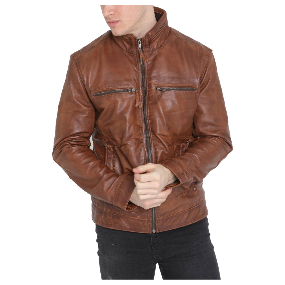 Men Brown Genuine Sheepskin Leather Fashion Jacket - AMSEL LEATHERS