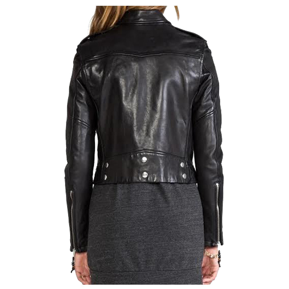 WOMEN SHORT BODY LAMBSKIN BIKER LEATHER JACKET - AMSEL LEATHERS