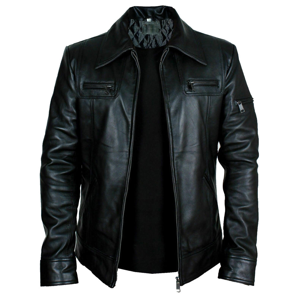 Men Buster Slim Fit Retro Black Leather Jacket - AMSEL LEATHERS