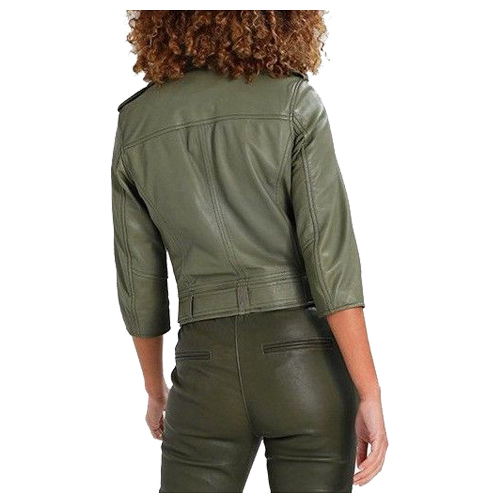 Women Olive Green Motorcycle Genuine Leather Jacket - AMSEL LEATHERS