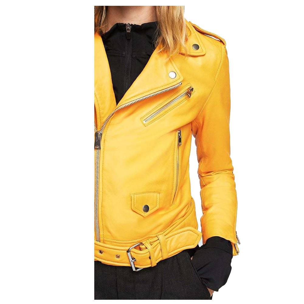 WOMEN YELLOW MANGO SLIM FIT GENUINE MOTORCYCLE LEATHER JACKET - AMSEL LEATHERS