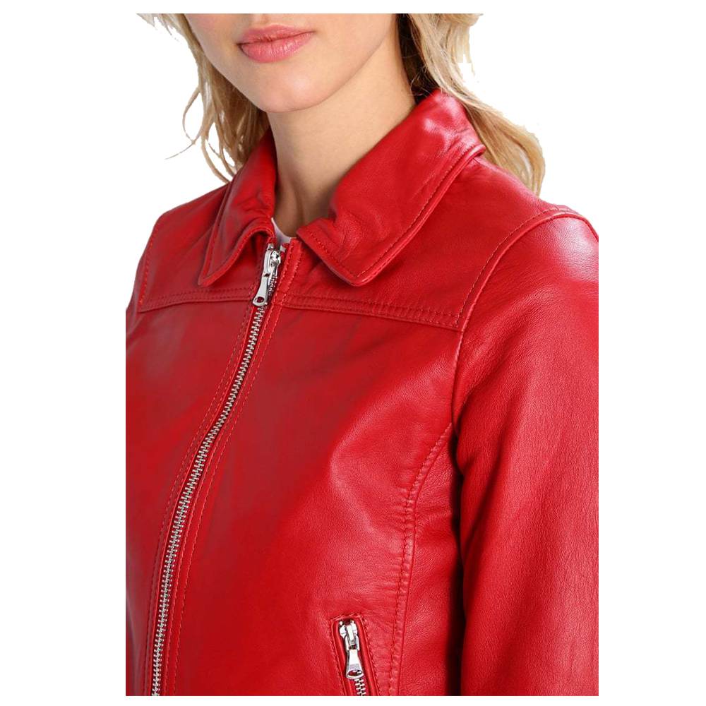 WOMEN RED BOMBER MOTORCYCLE LAMBSKIN SLIM FIT JACKET - AMSEL LEATHERS