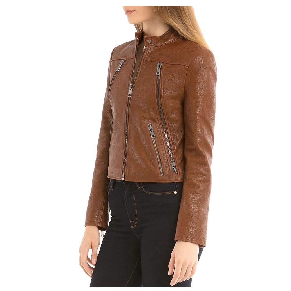 Women Slim Fit Fashion Brown Biker Leather Jacket - AMSEL LEATHERS