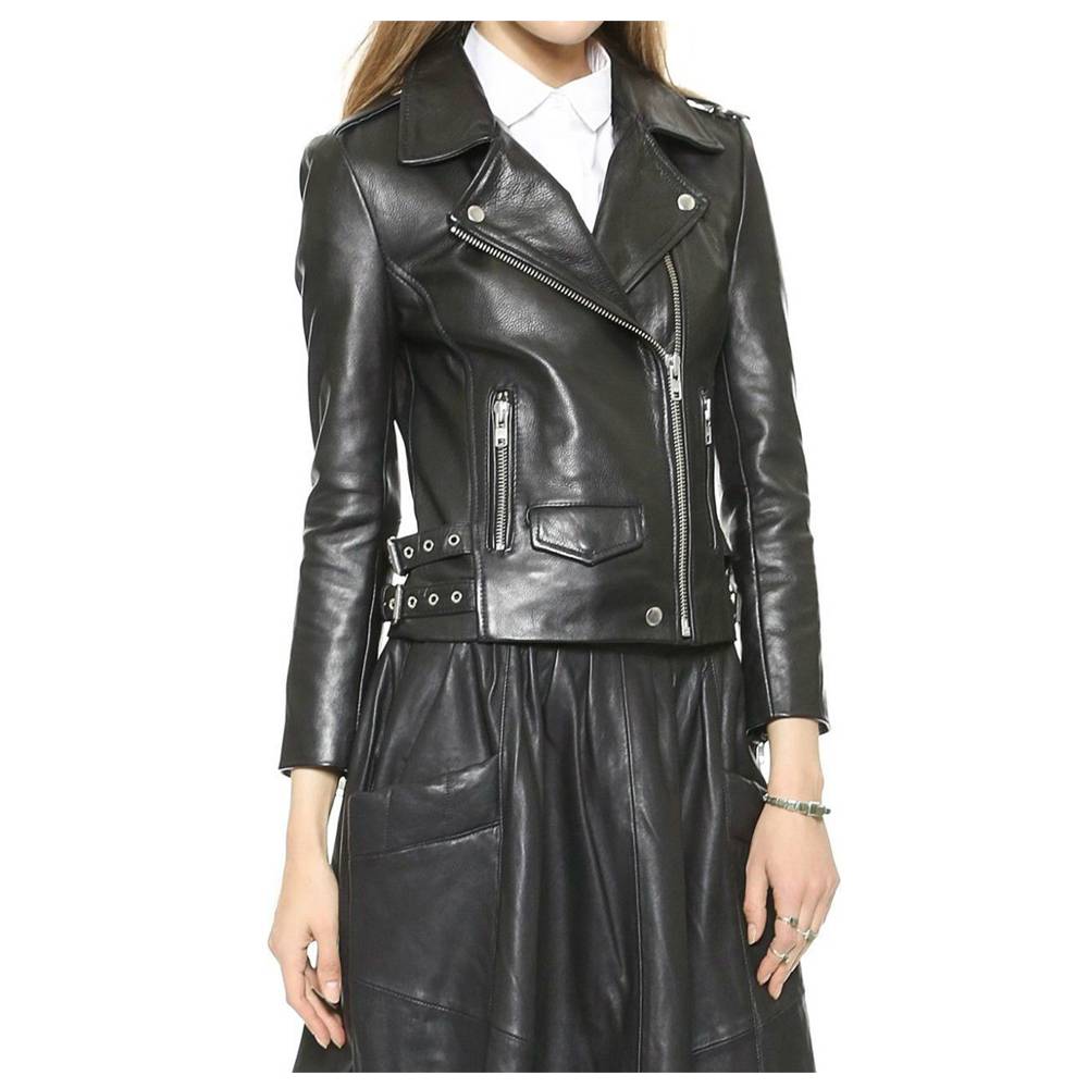 WOMEN GENUINE LAMBSKIN LEATHER BIKER JACKET BLACK ZIPPER BIKER JACKET - AMSEL LEATHERS