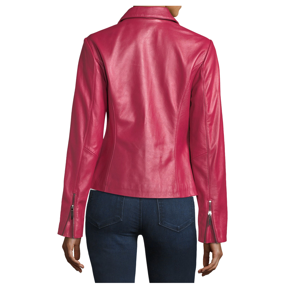 Pink Lambskin Women Biker Leather Jacket - AMSEL LEATHERS