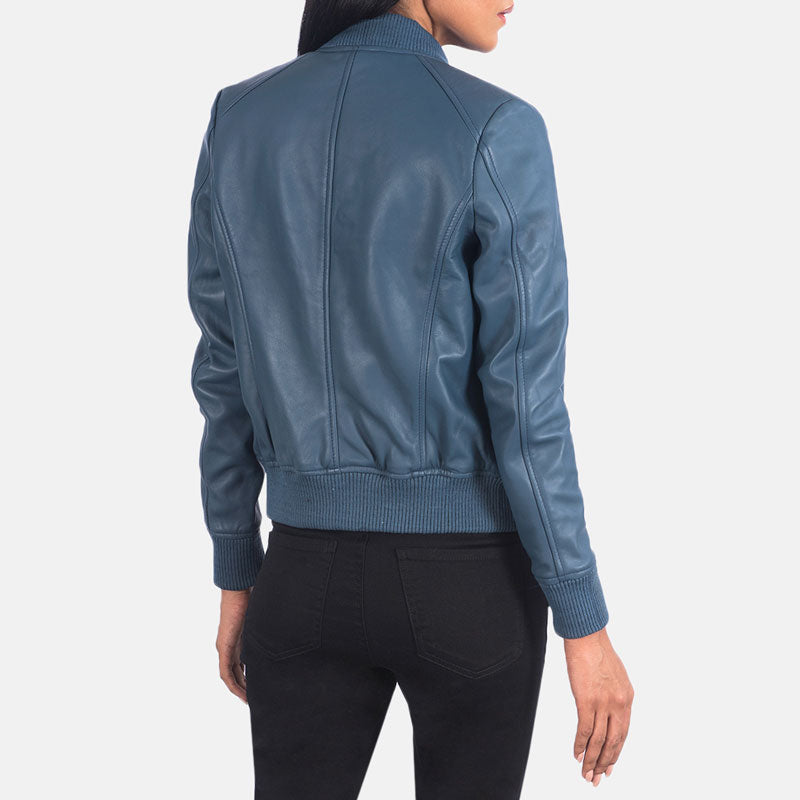 women's blue leather bomber jacket calista side angle