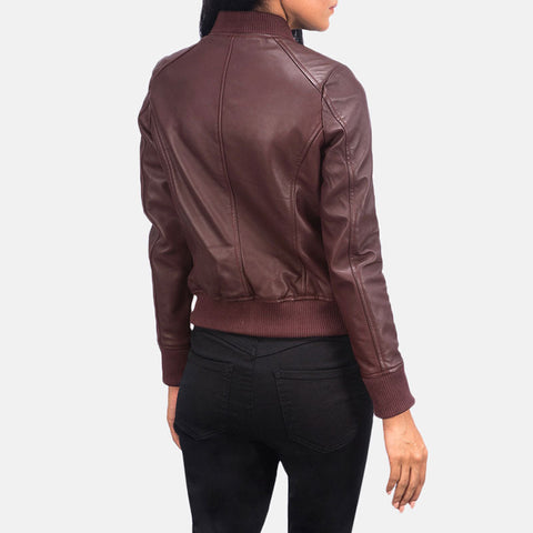 women's maroon leather bomber jacket selene side angle