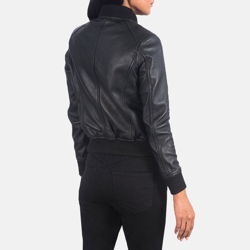 women's black leather bomber jacket maren side angle