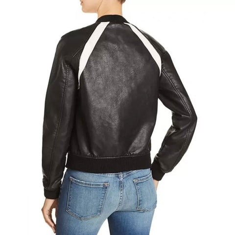 • baseball collar leather jacket detail close up
