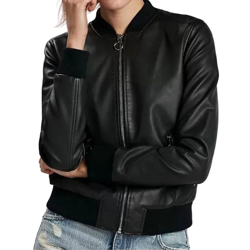 women's black lambskin leather bomber jacket vivienne side angle