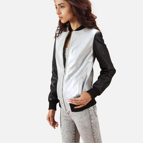 women's silver leather bomber jacket aurelia side angle
