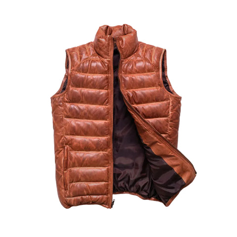 men's brown puffer sheepskin leather vest marek back view