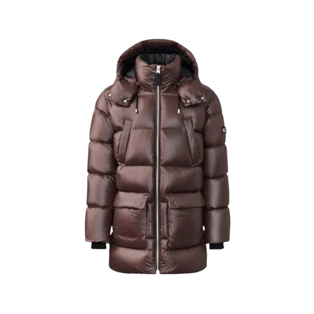 Men's Chocolate Brown Trench Puffer Coat with Removable Hood - Warm & Stylish