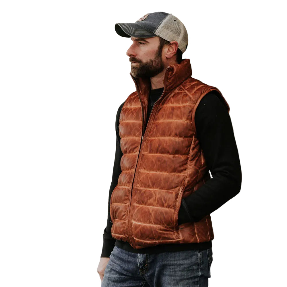 men's brown puffer sheepskin leather vest marek detail close up