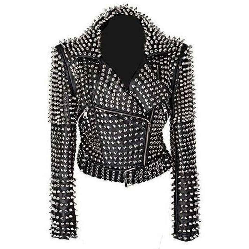 Women Heavy Metal Studs Punk Leather Jacket - AMSEL LEATHERS