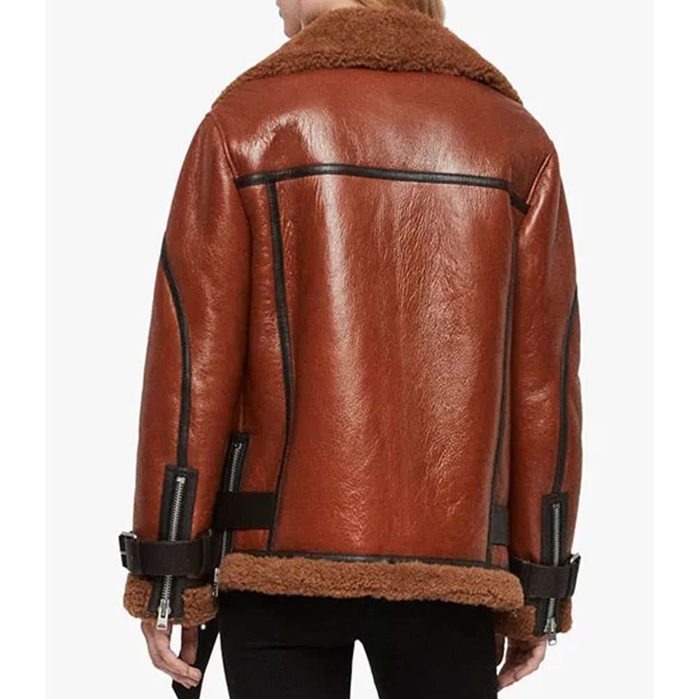 Women Brown B3 Shearling Biker Leather Jacket - AMSEL LEATHERS