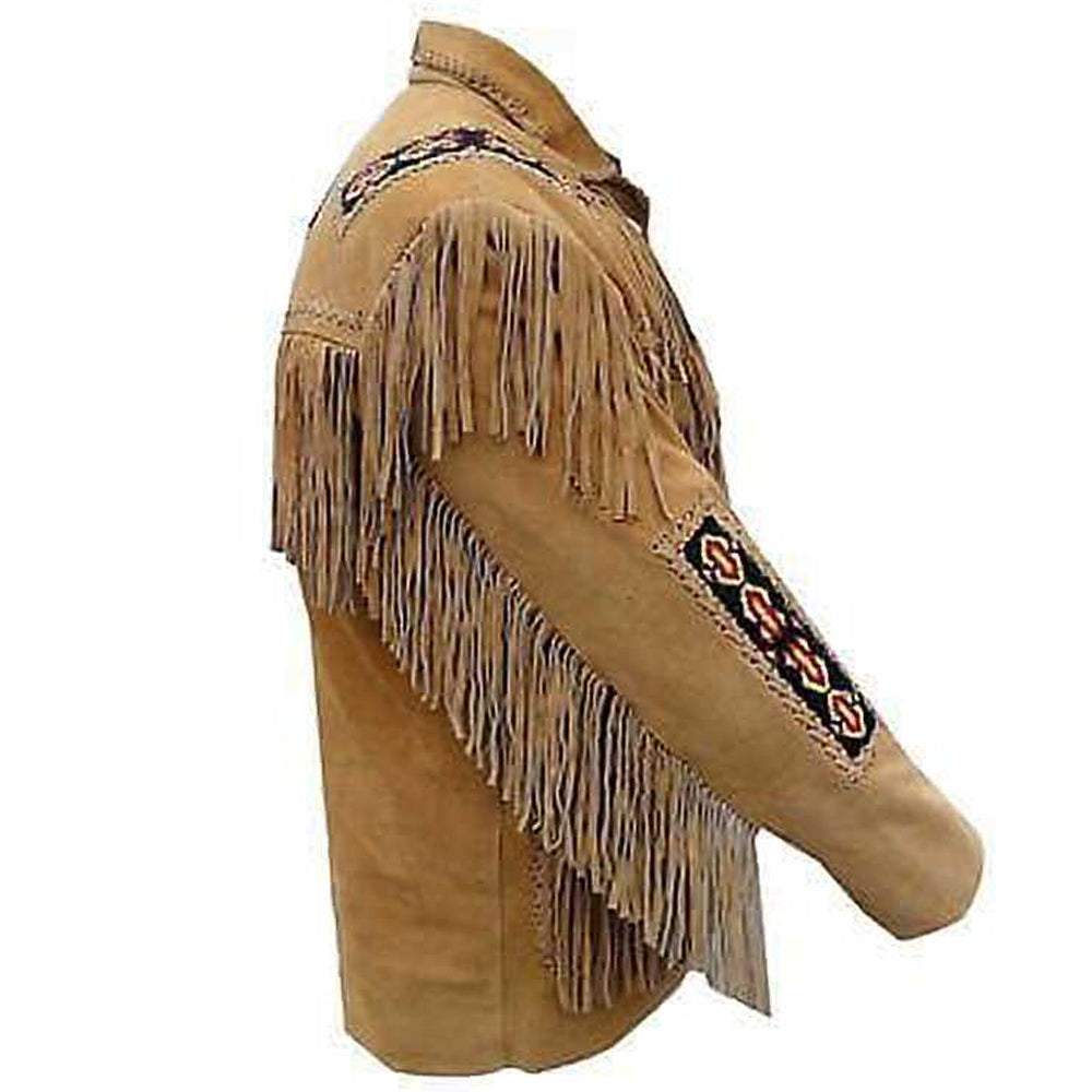 Men Tan Brown Western Cowboy Fringe Leather Jacket - AMSEL LEATHERS