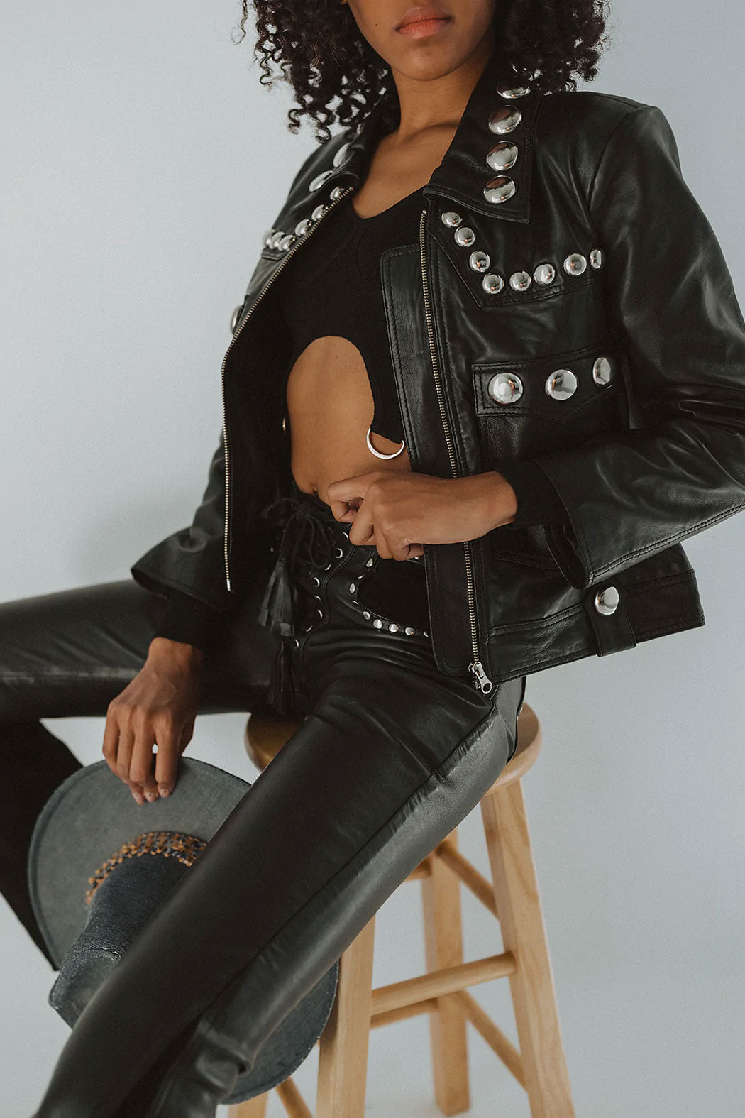 women's black studded leather biker jacket sabine side angle